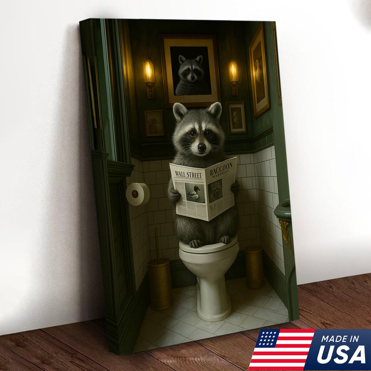 Funny Raccoon Bathroom Wall Art – Rustic Toilet Humor Cabin Canvas Decor