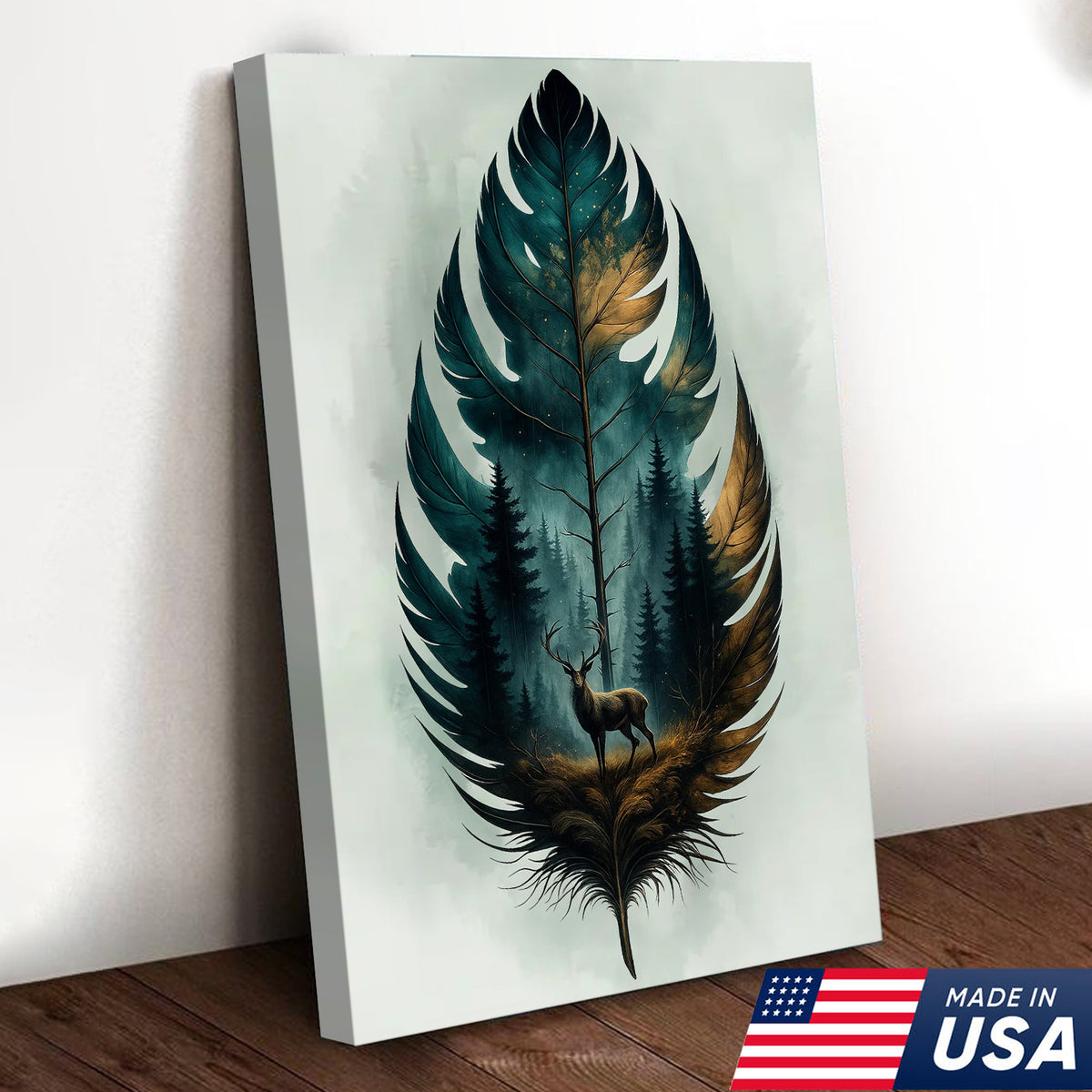 Rustic Deer And Feather Canvas Wall Art – Nature Forest Wildlife Print – Cabin & Lodge Hunting Decor