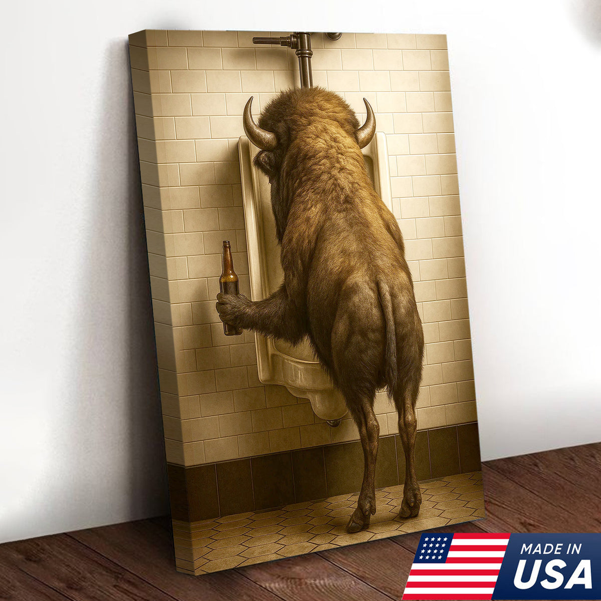 Funny Bison Canvas Wall Art - Rustic Bathroom Lodge Decor for Hunters - Unique Wildlife Cabin Print