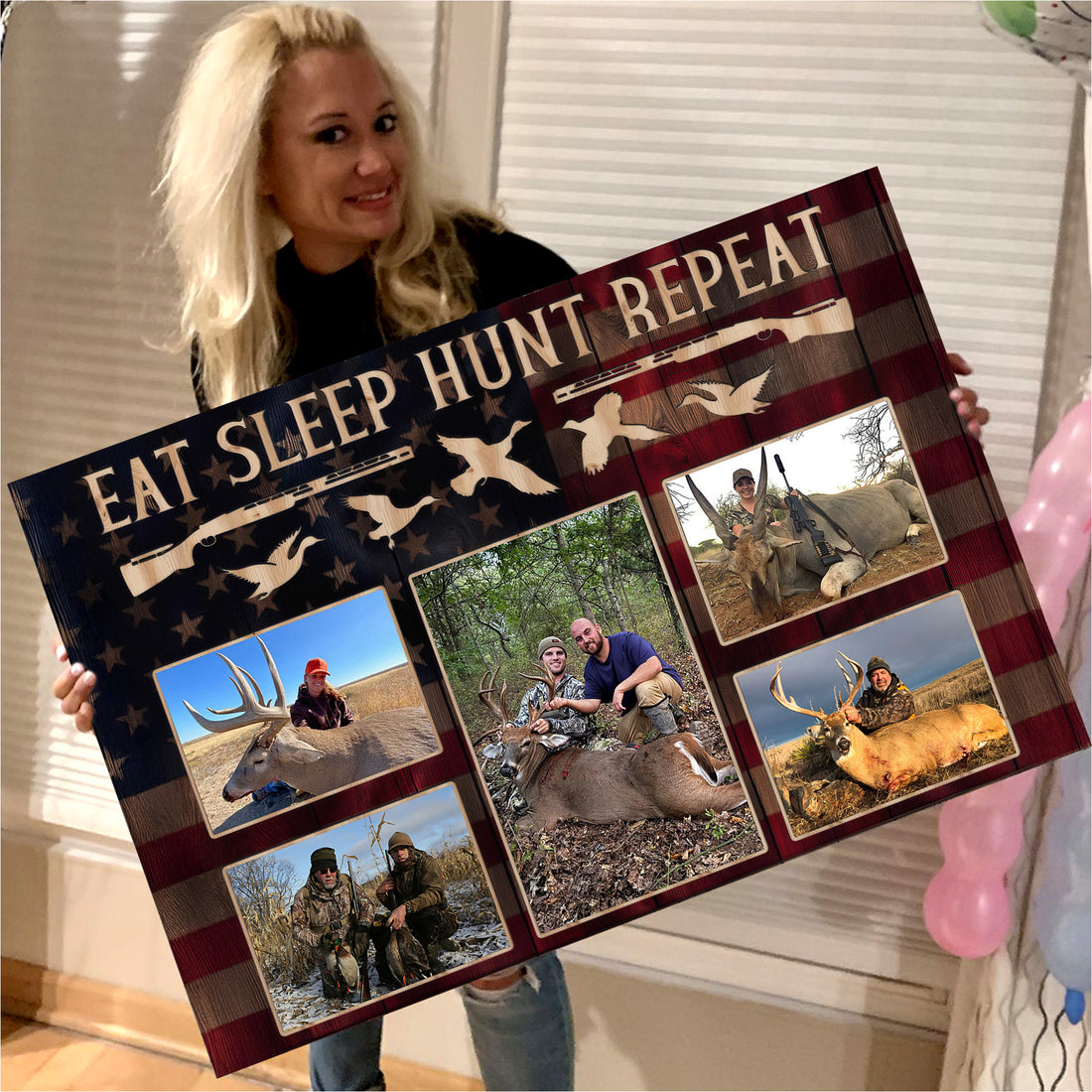 Personalized Eat Sleep Hunt Repeat Photo Collage Frame, Custom Hunting Gift for Dad, Husband & Hunters