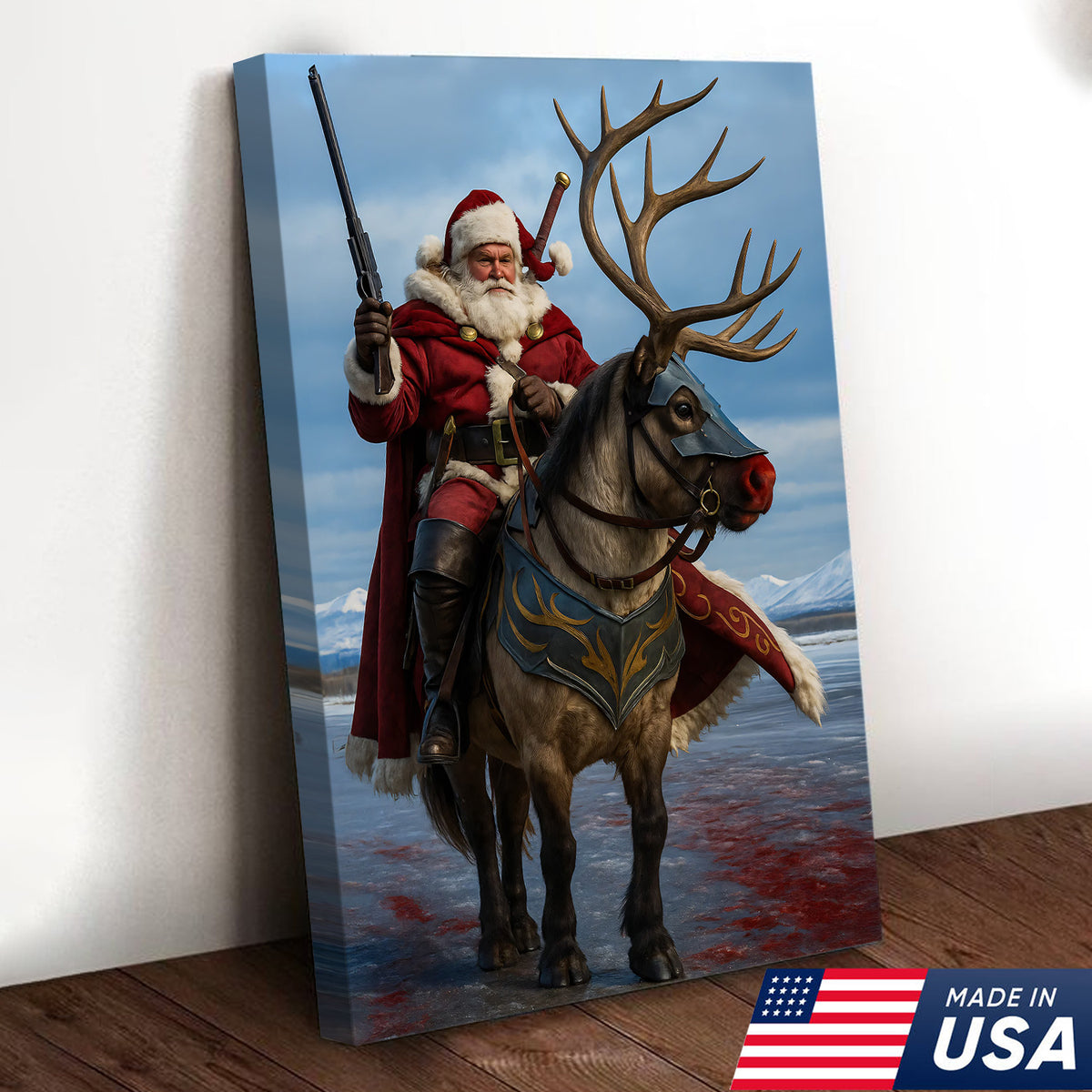 Epic Santa Riding Reindeer Canvas Wall Art, Fantasy Warrior Santa on Armored Reindeer