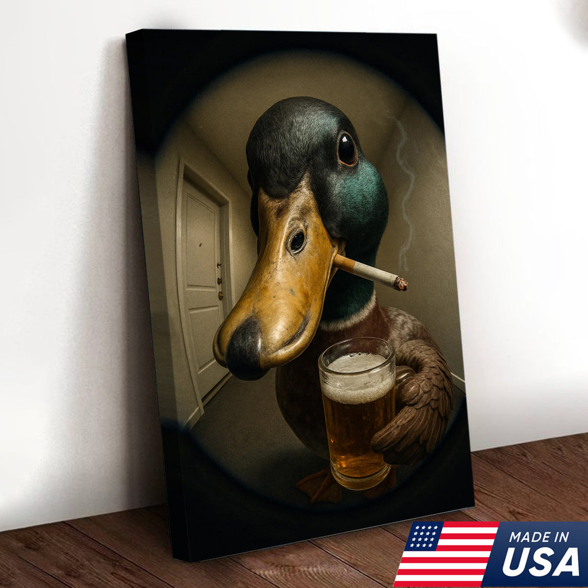 Mallard Duck Fisheye Canvas Wall Art – Funny Close-Up Door Peephole Portrait with Beer Glass