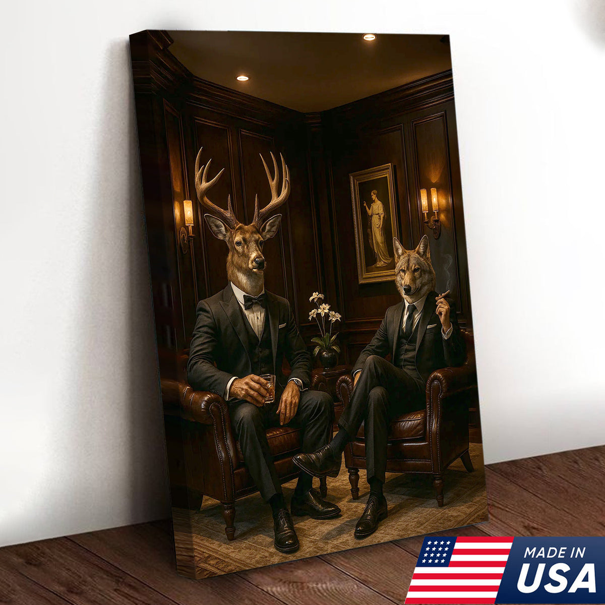 Elegant Deer and Wolf Canvas Wall Art - Sophisticated Animal Portrait in Suits, Luxury Rustic Decor