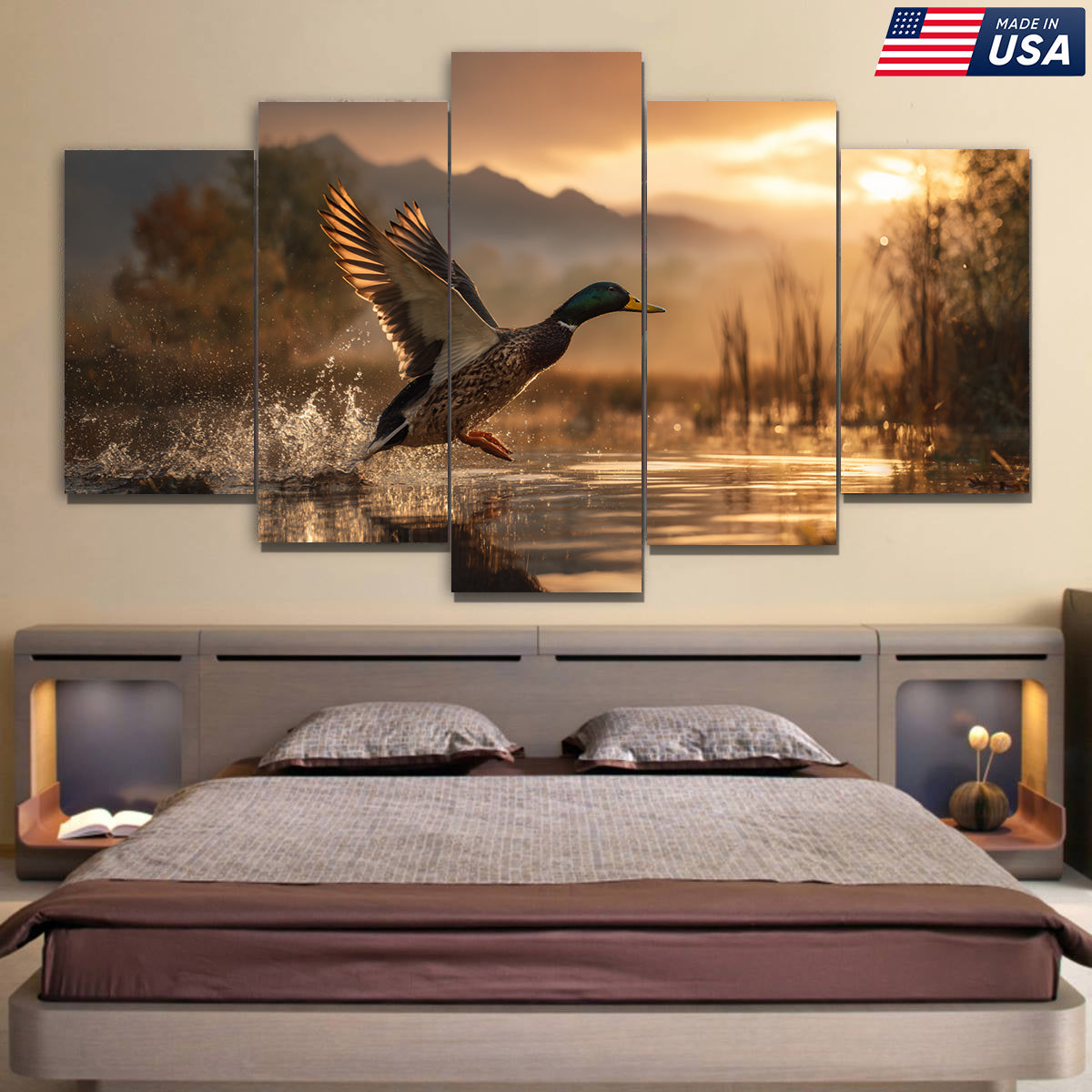 Flying Mallard at Dawn Canvas Wall Art Print for Hunters - Stunning 5-Panel Duck Canvas