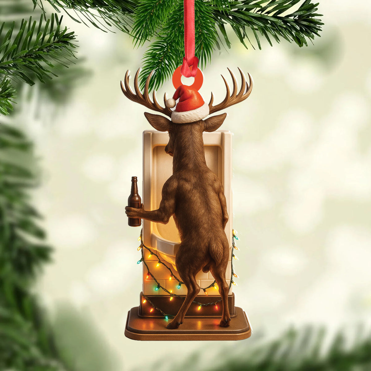 Personalized Acrylic Deer Christmas Ornament – Funny Buck with Santa Hat Drinking Beer by Urinal Holiday Decor