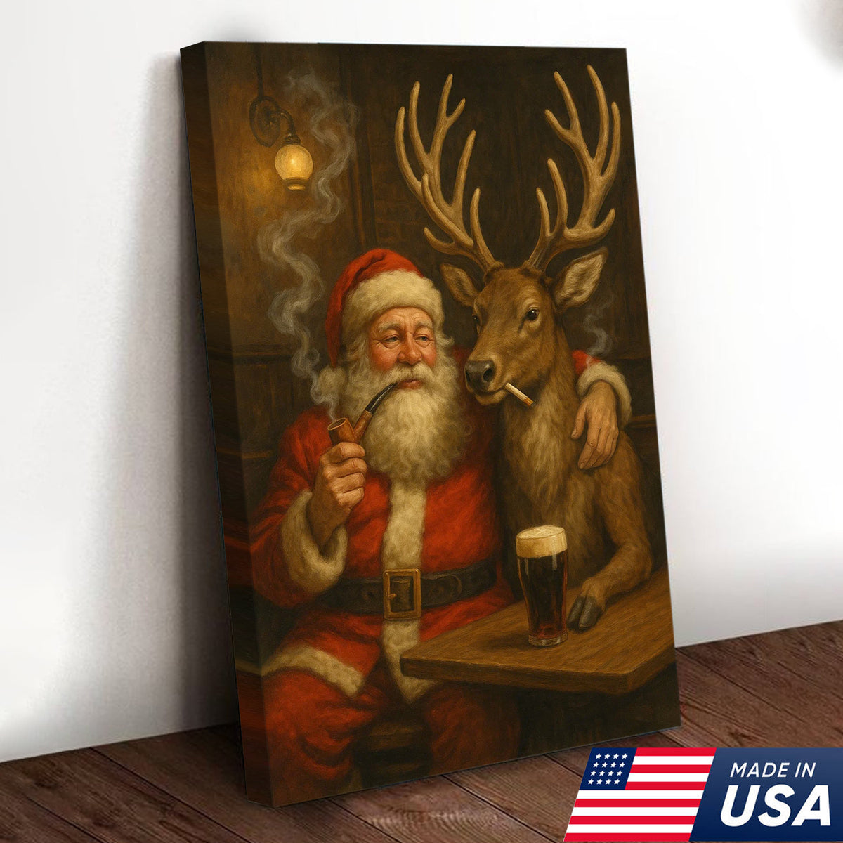 Funny Santa and Reindeer Wall Art Canvas – Rustic Christmas Lodge Decor