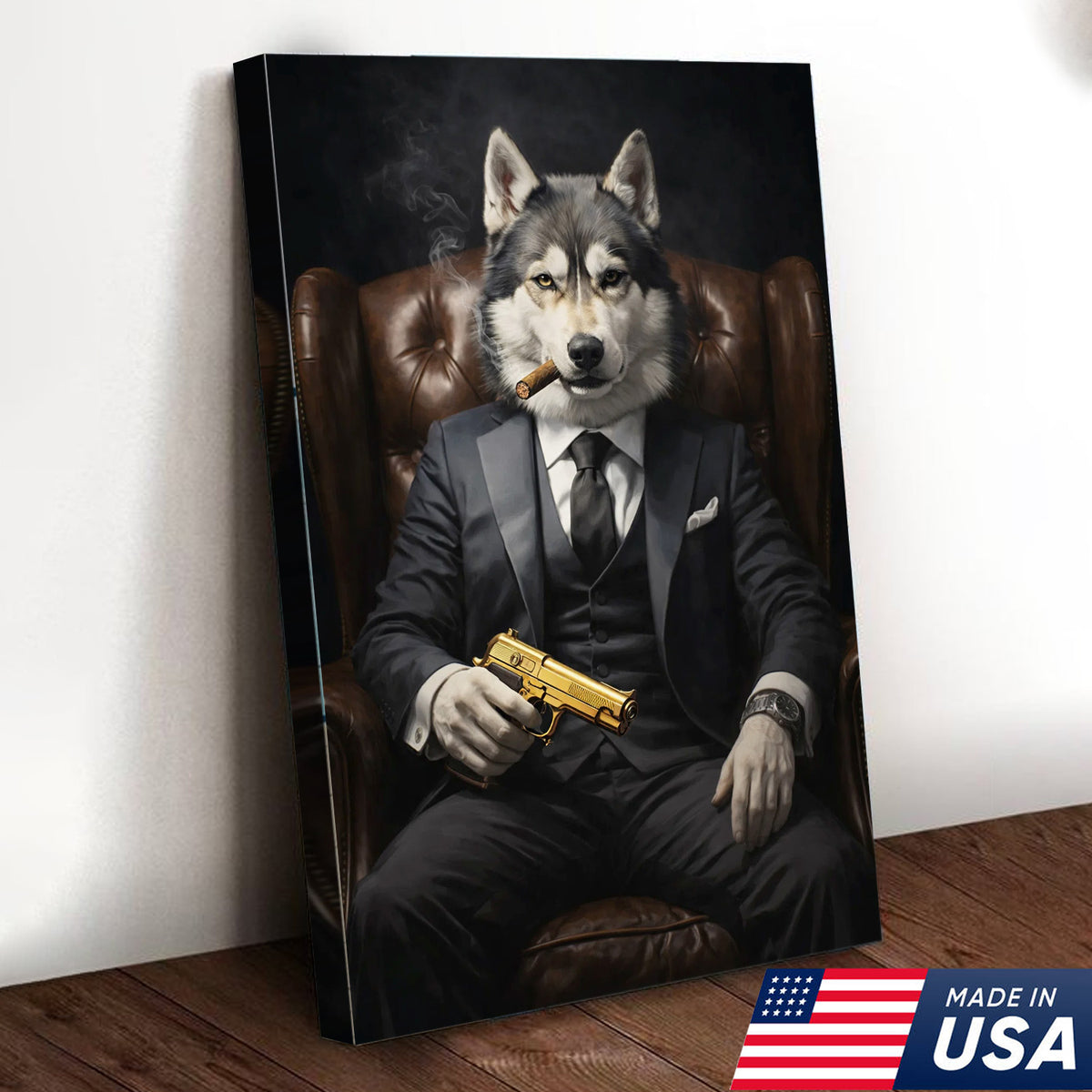Boss Wolf Canvas Wall Art, Powerful Alpha Wolf in Suit Portrait, Luxury Animal Artwork