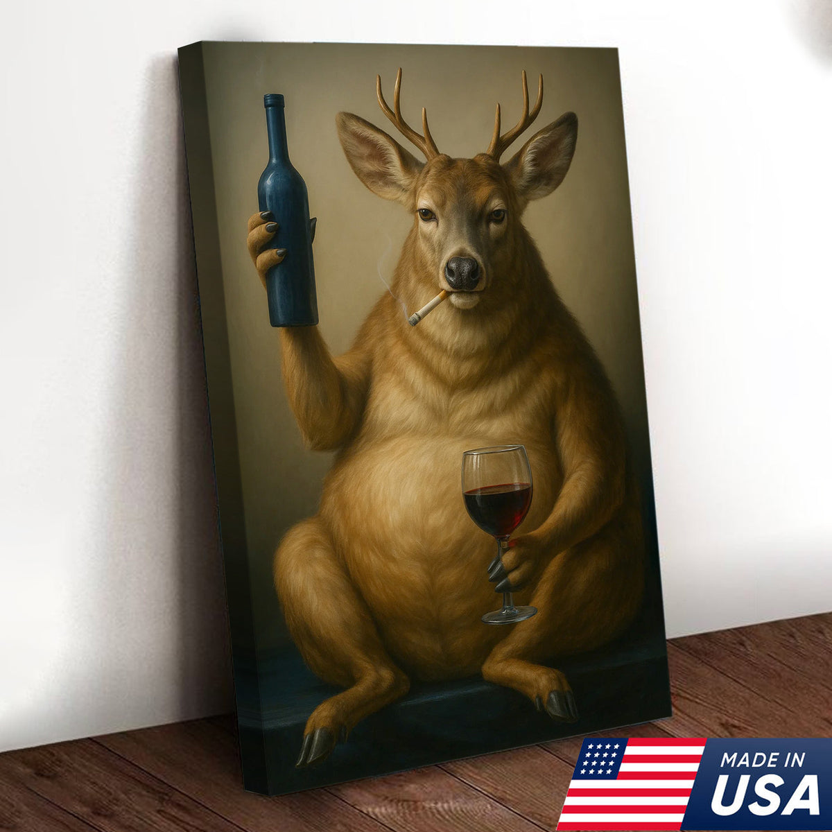 Funny Deer Wall Art Canvas – Fat Buck with Wine Glass Rustic Lodge Decor