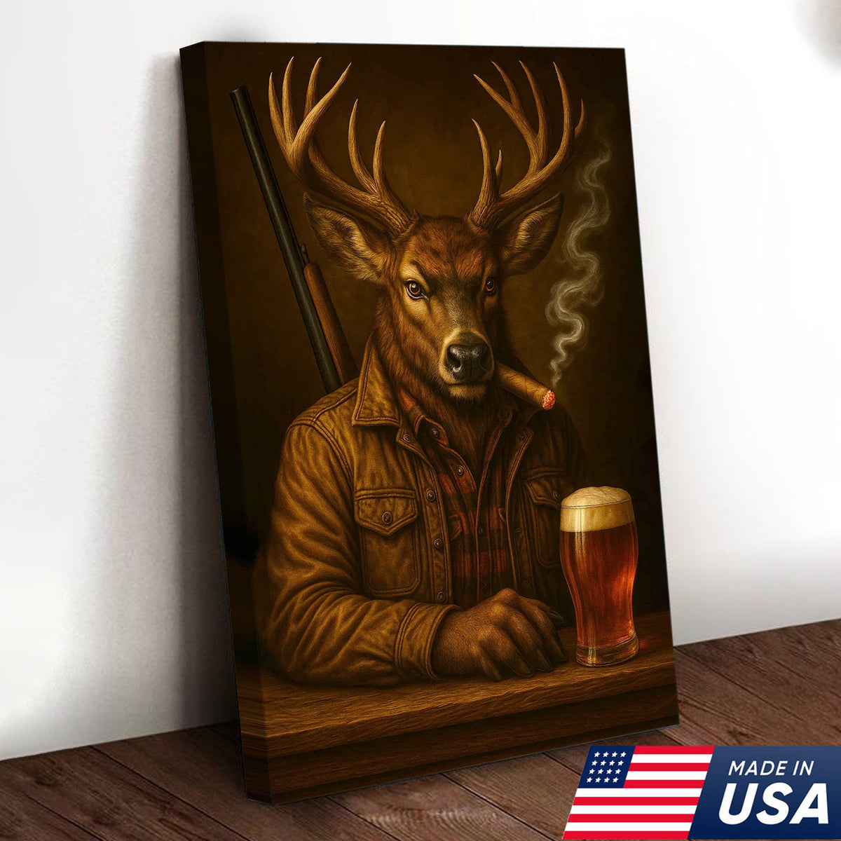 Majestic Deer Canvas Wall Art – Surreal Hunter Portrait with Beer Glass, Bold Rustic Decor