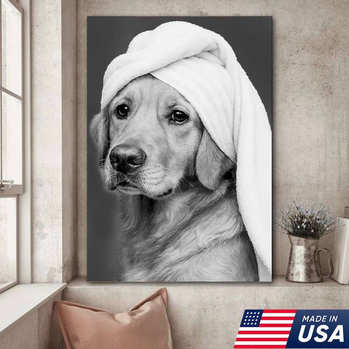 Funny Dog Bathroom Triptych Canvas Wall Art Set, Black and Golden Retriever Bath Humor
