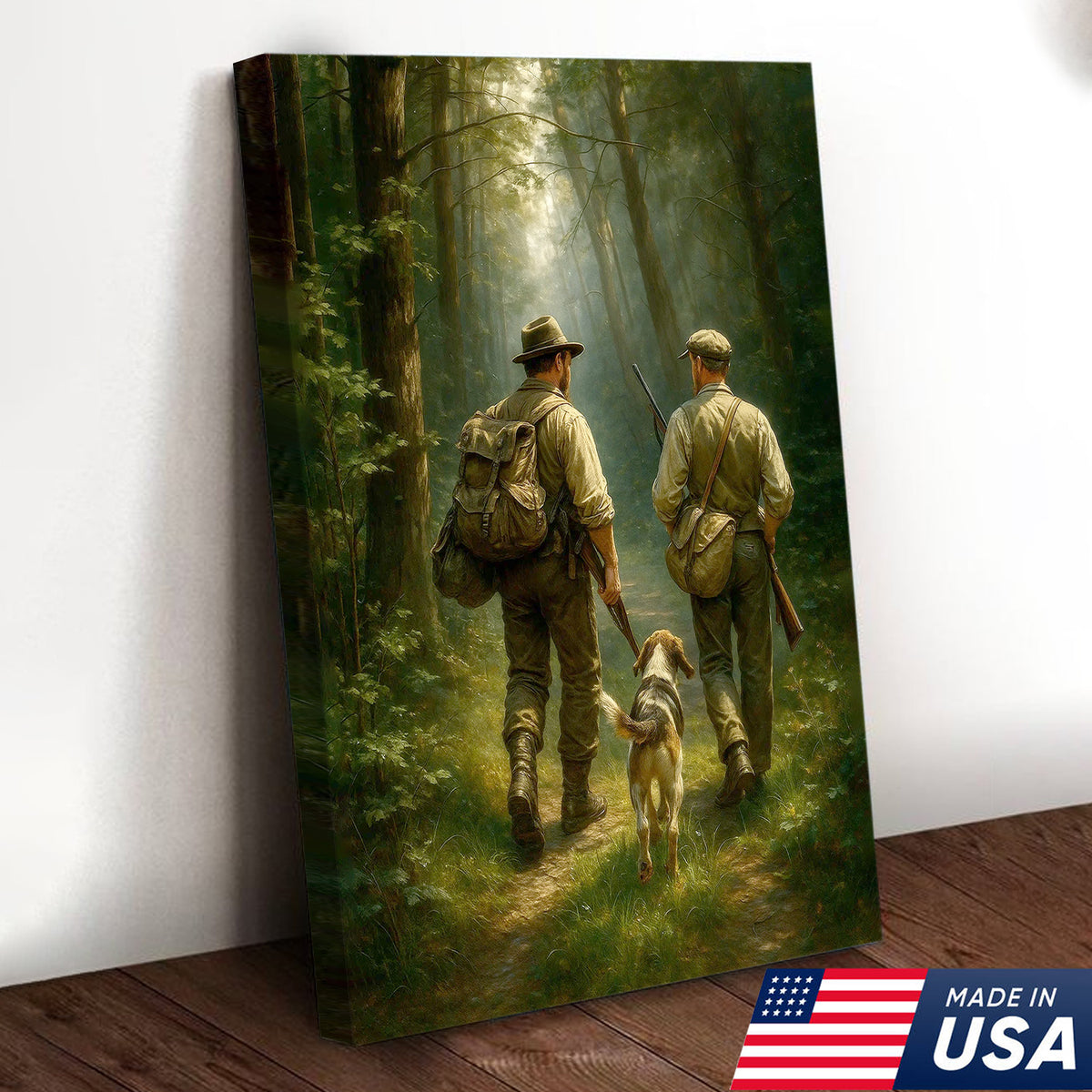 Hunting Canvas Wall Art – Hunters Walking with Dog in Forest – Rustic Cabin Decor