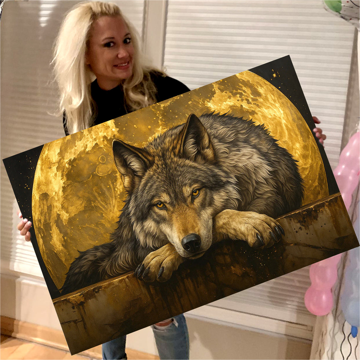 Wolf Canvas Wall Art – Majestic Wolf with Full Moon – Rustic Wildlife Decor for Cabin