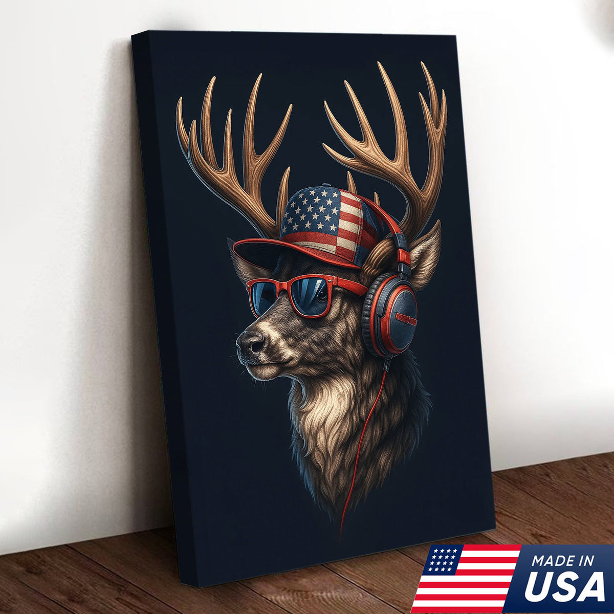 Patriotic Deer Wall Art Canvas – Cool Buck with American Flag Hat and Headphones