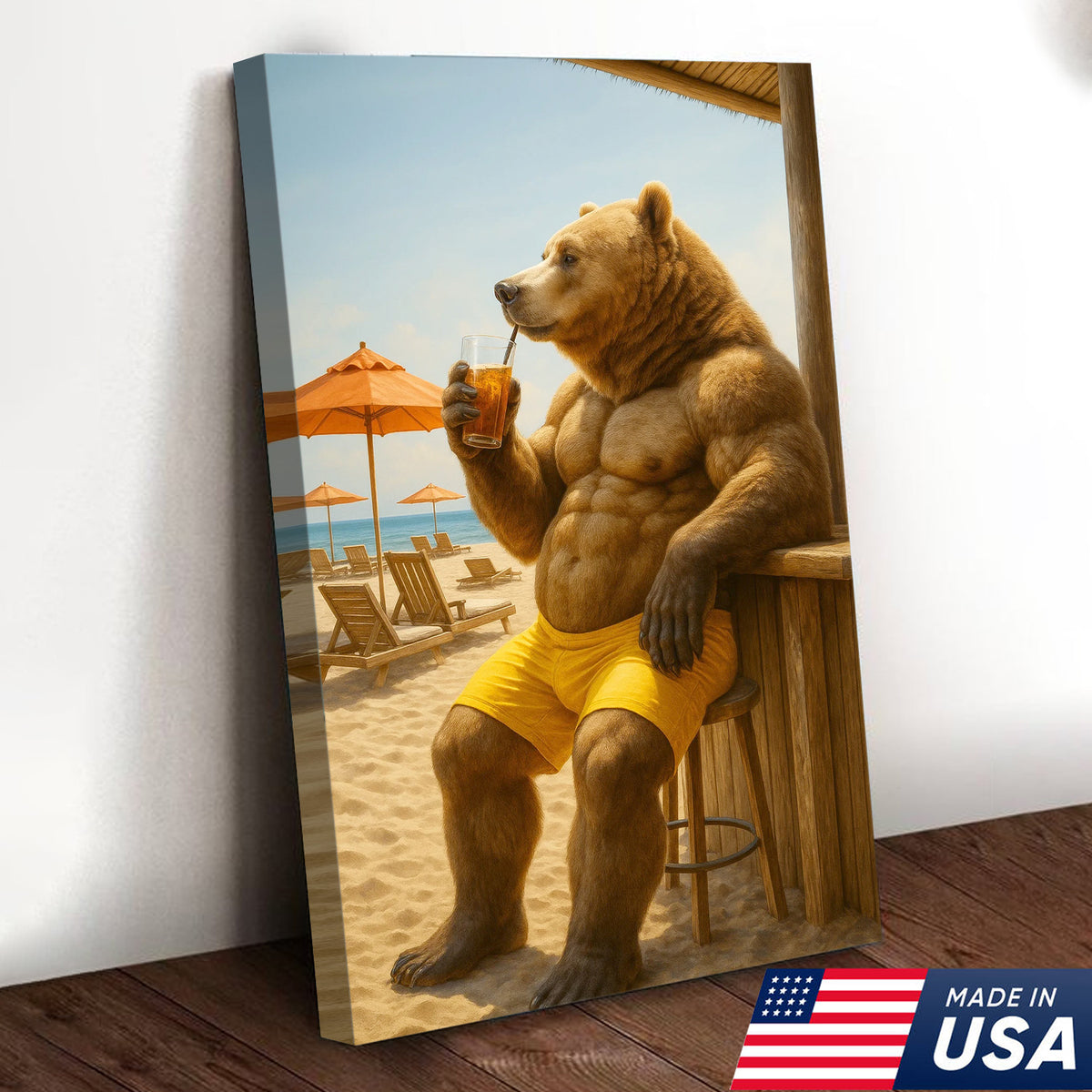 Funny Beach Bear Canvas Wall Art, Summer Vacation Animal Artwork