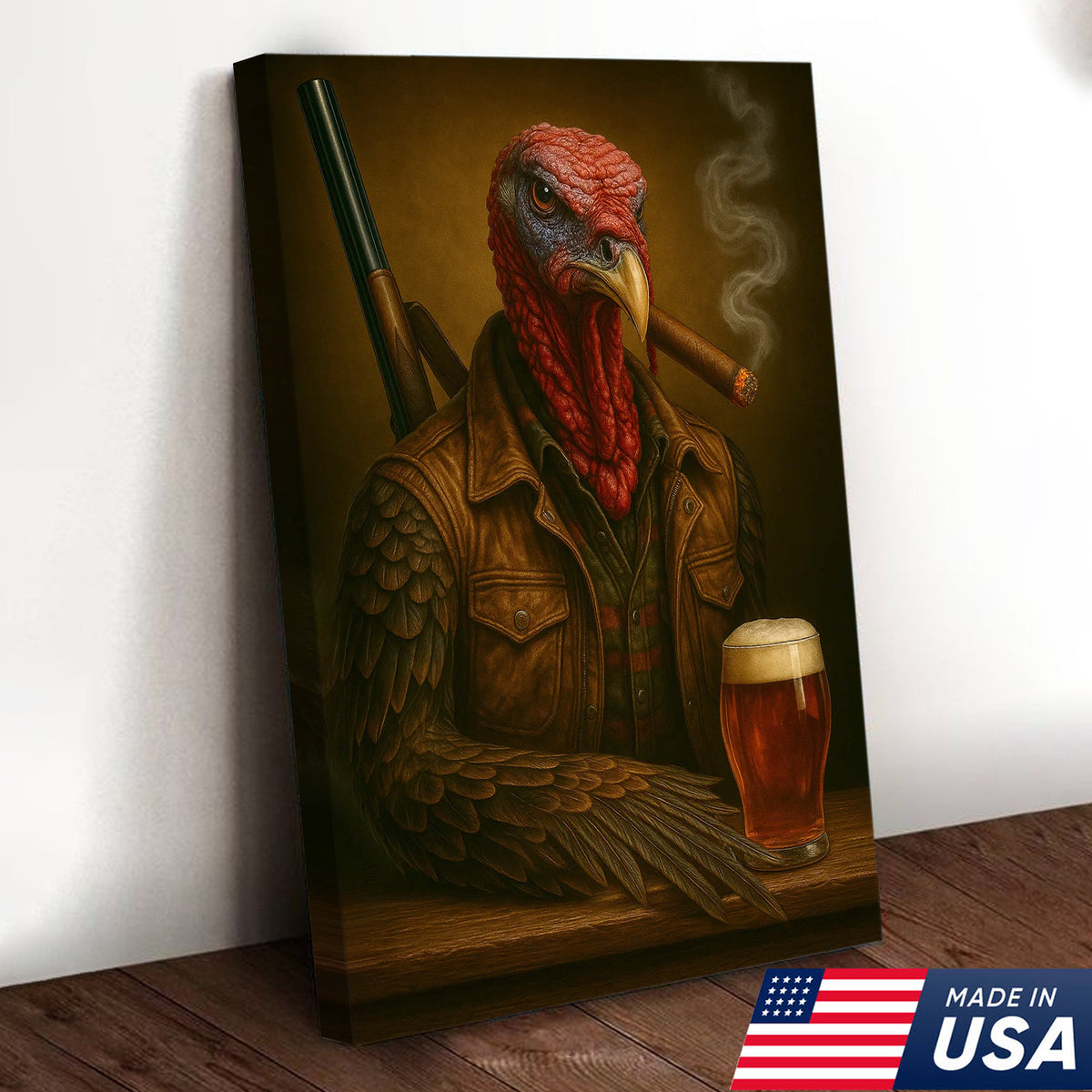 Wild Turkey Canvas Wall Art – Surreal Hunter Portrait with Beer Glass, Rustic Lodge Decor