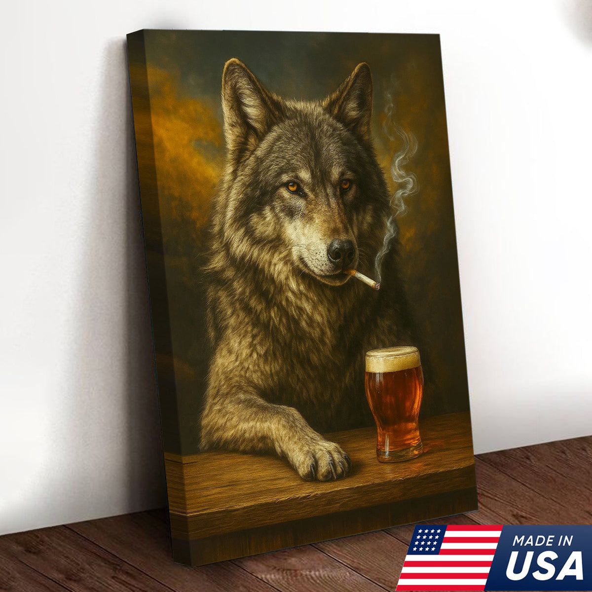 Rustic Gray Wolf Canvas Wall Art – Majestic Wildlife Bar Scene with Beer – Hunting Cabin Decor