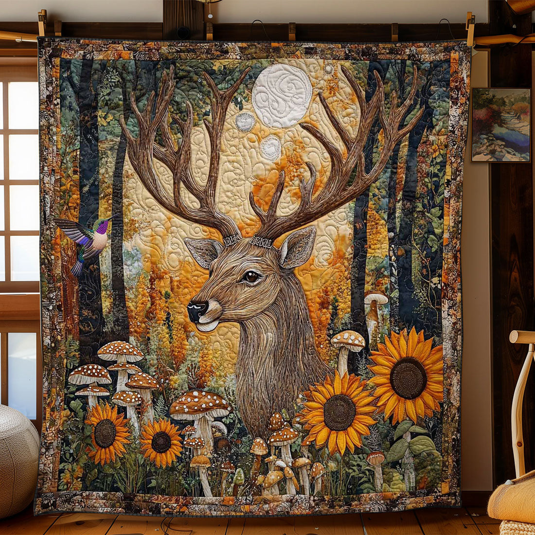 Deer Among Mushrooms Quilt Blanket