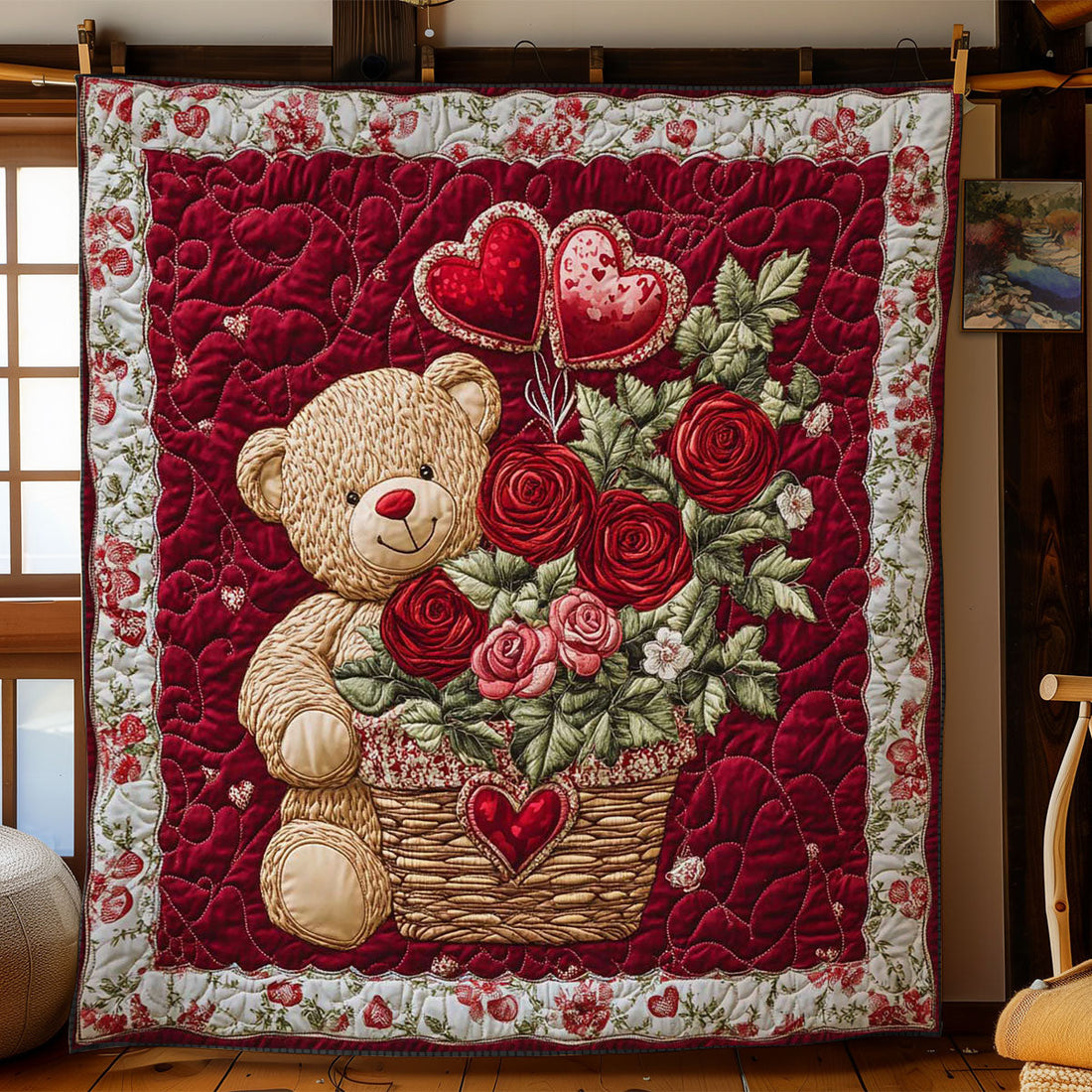 Romantic Bear Blooms Quilt Blanket