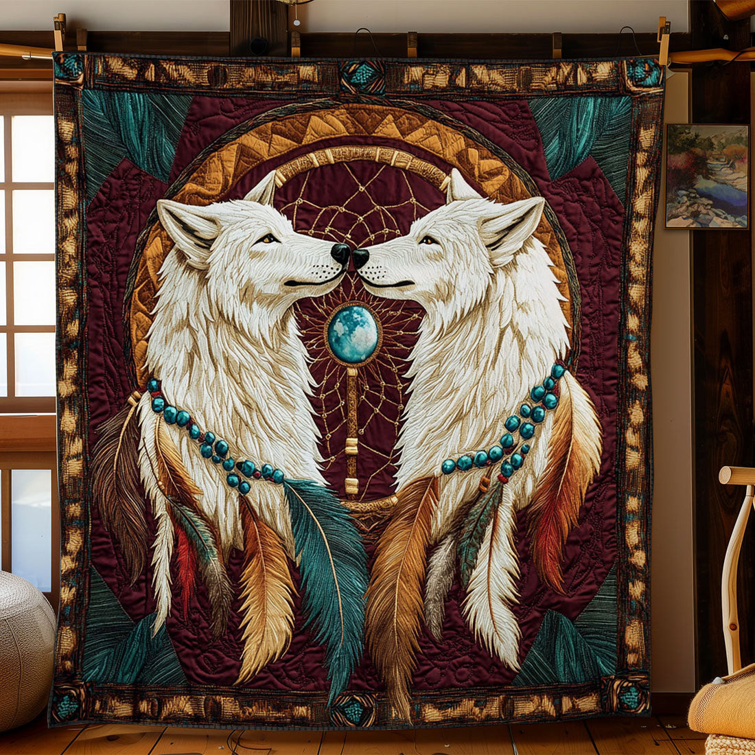 Dreamcatcher And Couple Wolf Quilt Blanket