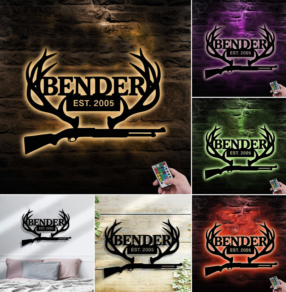 Personalized Metal Sign WITH LED/WITHOUT LED – Deer Antler Hunting Wall Decor with Rifle