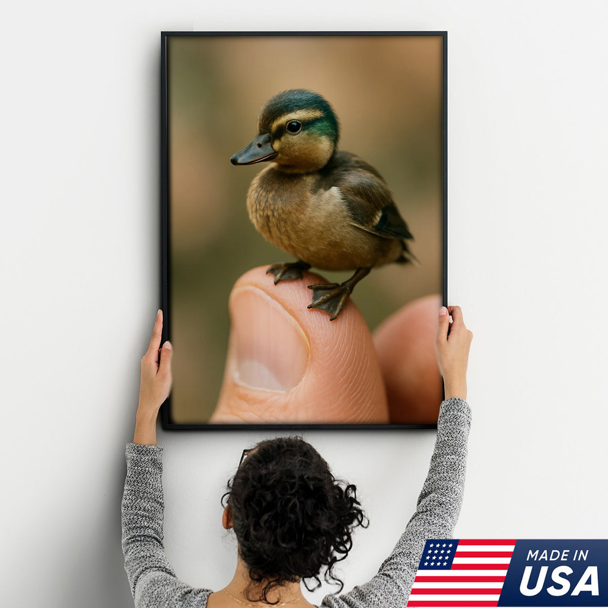 Cute Baby Duck Canvas Wall Art - Adorable Duckling Perched on Finger