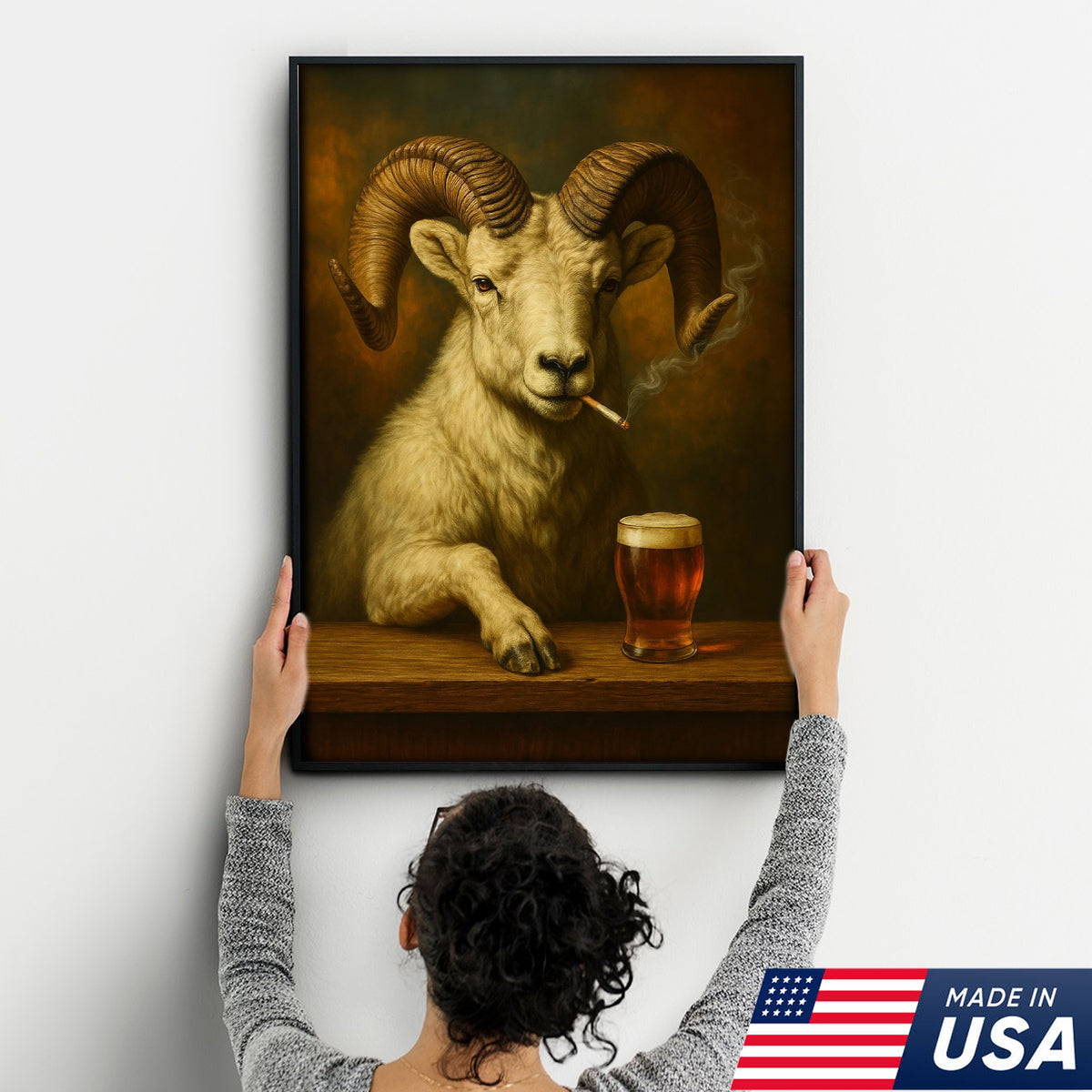 Rustic Dall Sheep Canvas Wall Art – Majestic Mountain Sheep with Beer Glass