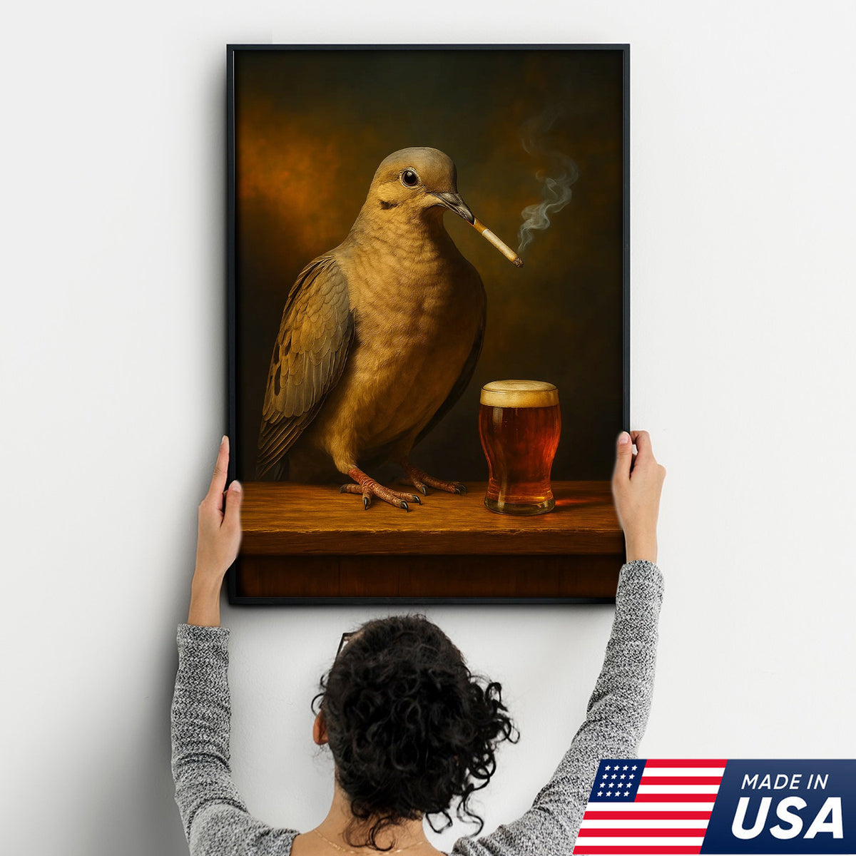 Rustic Mourning Dove Canvas Wall Art – Unique Wildlife Bar Scene with Beer