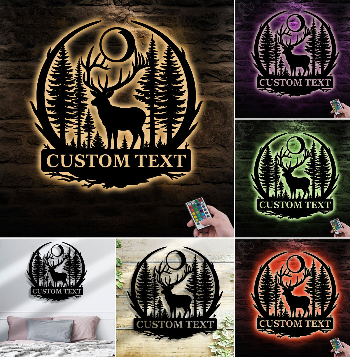 Personalized Metal Sign WITH LED/WITHOUT LED – Deer and Forest Silhouette Wall Art