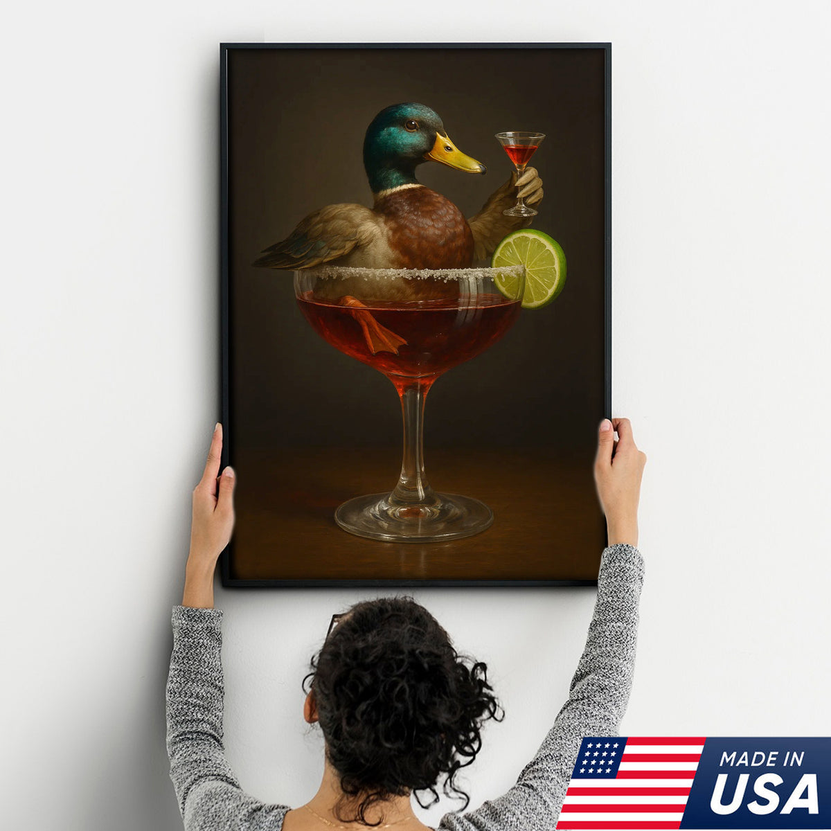 Funny Mallard Duck Canvas Wall Art - Quirky Animal in Cocktail Glass Design