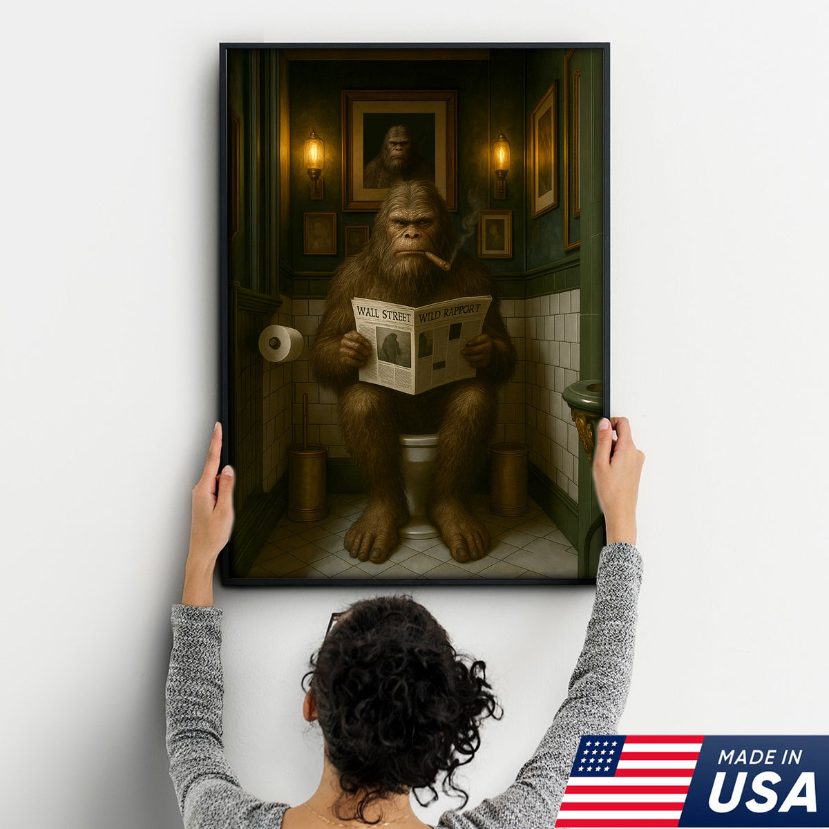 Funny Bigfoot Bathroom Wall Art – Rustic Hunting Cabin Toilet Humor Canvas Decor