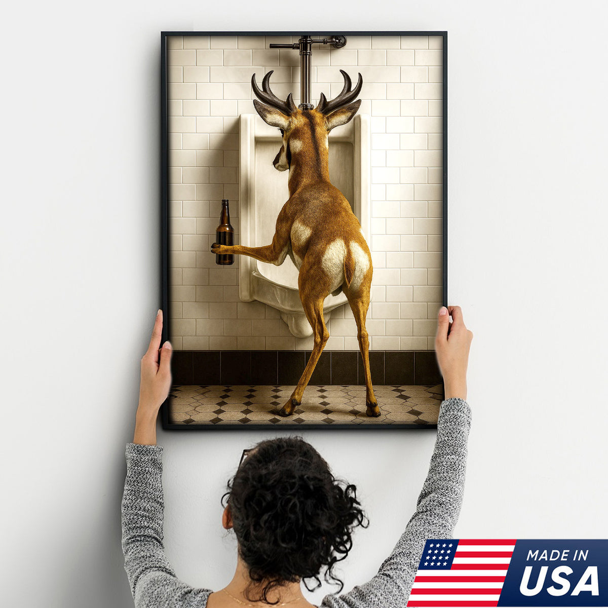 Funny Pronghorn Canvas Wall Art - Rustic Bathroom Lodge Decor for Hunters - Unique Wildlife Cabin Print