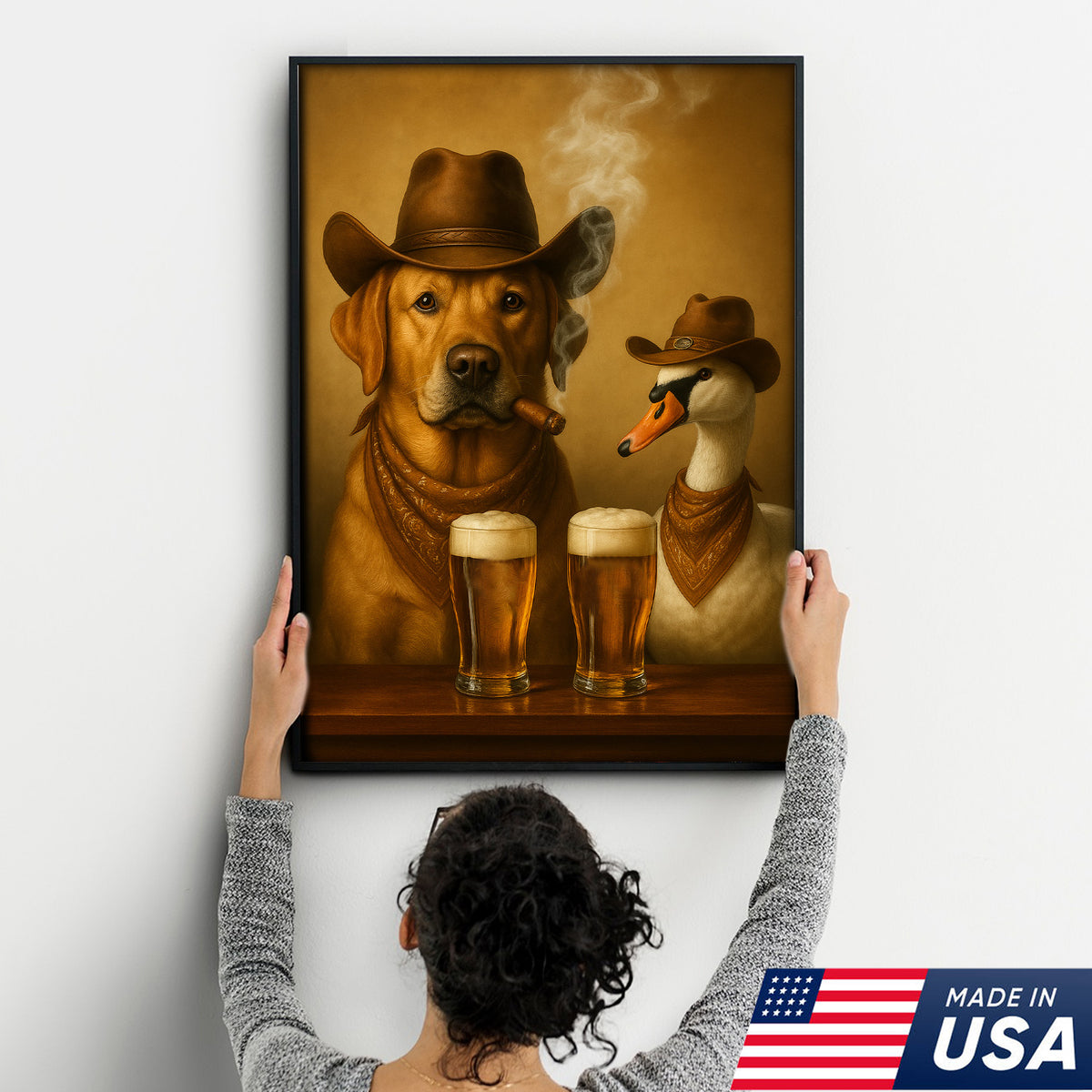 Funny Cowboy Dog & Geese Wall Art Canvas – Funny Beer & Smoking Canvas for Hunters