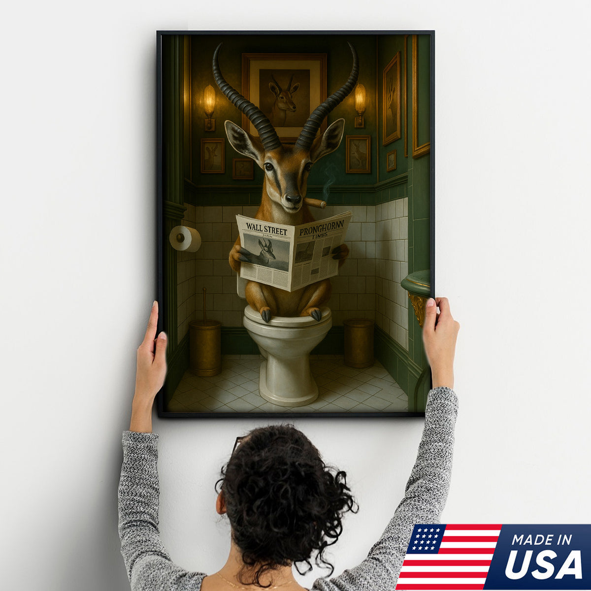 Funny Pronghorn Deer Wall Art – Hilarious Deer Hunting Bathroom Canvas for Hunters