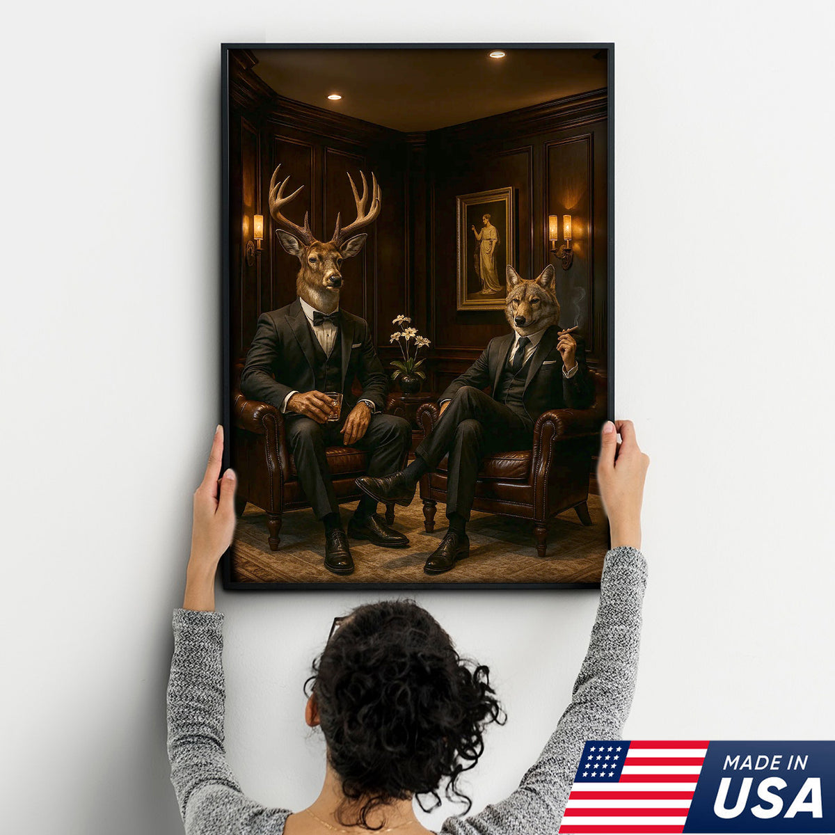 Elegant Deer and Wolf Canvas Wall Art - Sophisticated Animal Portrait in Suits, Luxury Rustic Decor