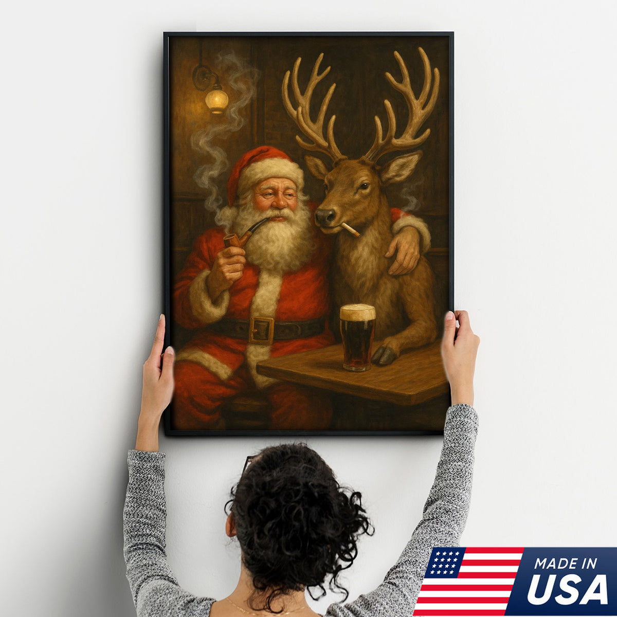 Funny Santa and Reindeer Wall Art Canvas – Rustic Christmas Lodge Decor