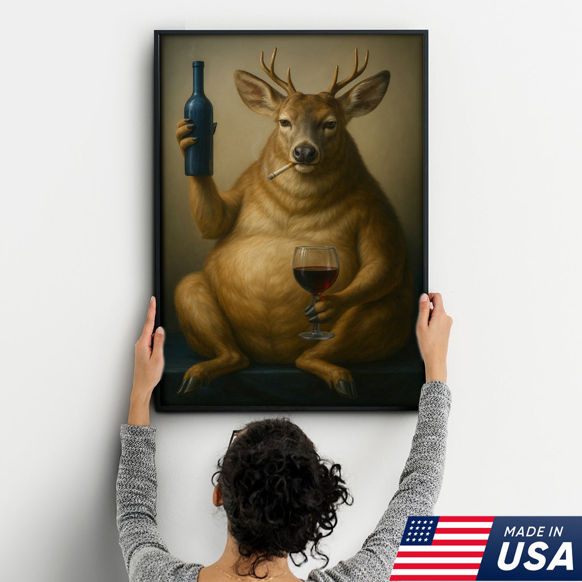 Funny Deer Wall Art Canvas – Fat Buck with Wine Glass Rustic Lodge Decor