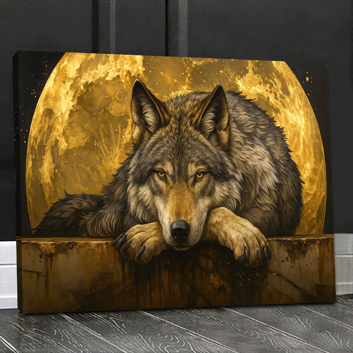 Wolf Canvas Wall Art – Majestic Wolf with Full Moon – Rustic Wildlife Decor for Cabin