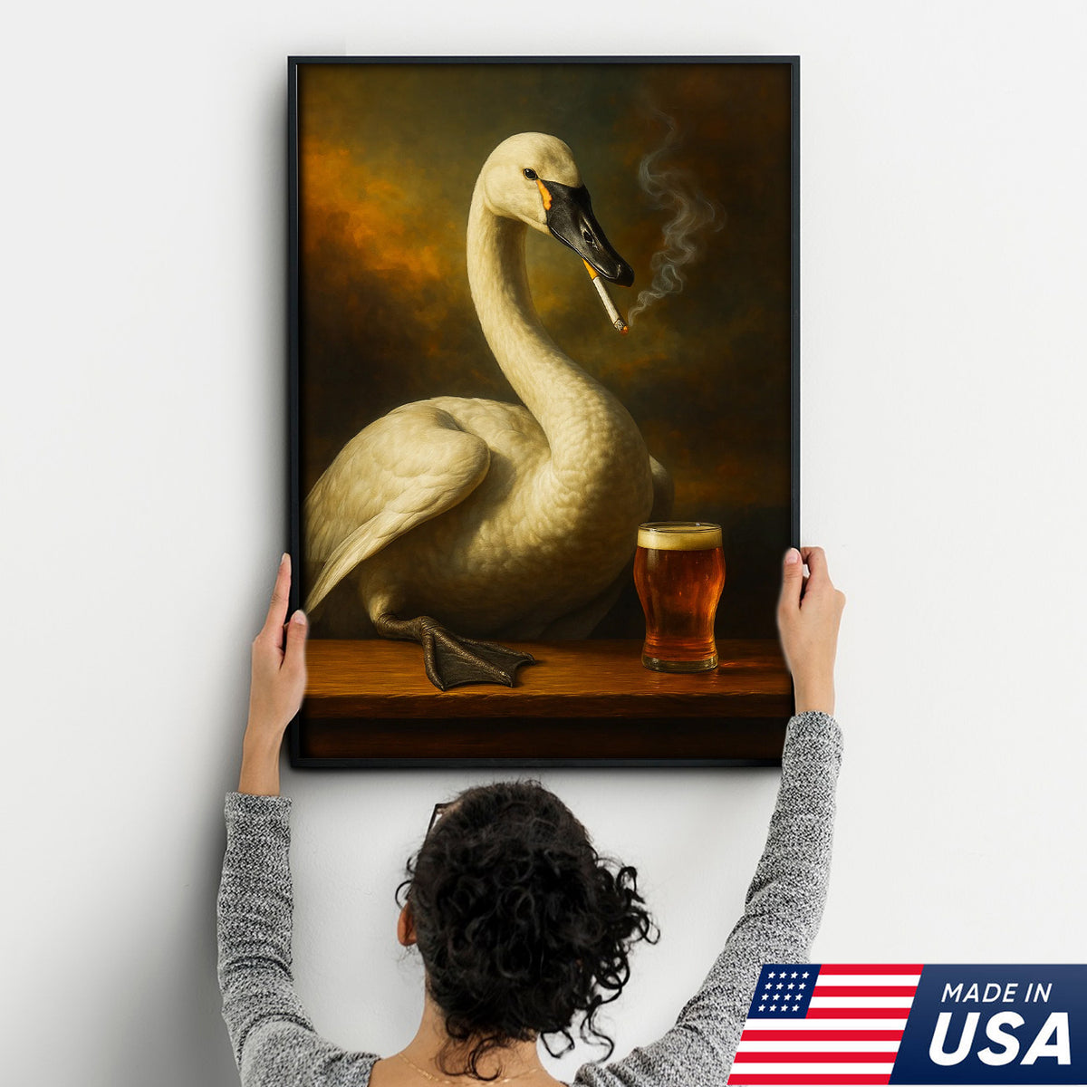 Rustic Tundra Swan Canvas Wall Art – Elegant Wildlife Bar Scene with Beer – Hunting Cabin Decor