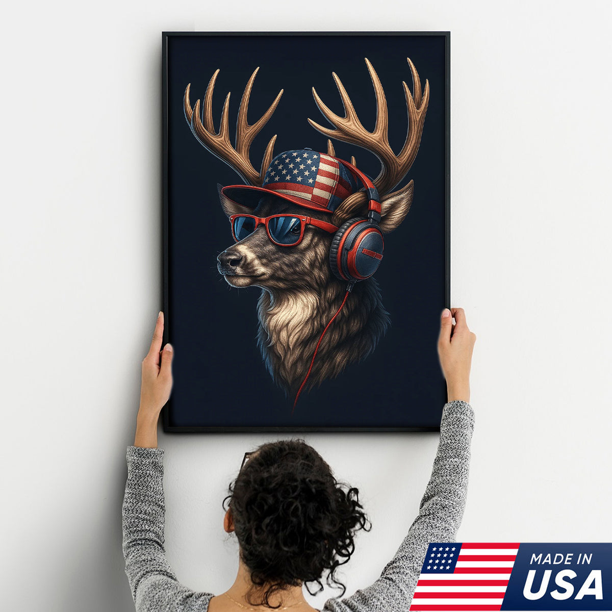 Patriotic Deer Wall Art Canvas – Cool Buck with American Flag Hat and Headphones