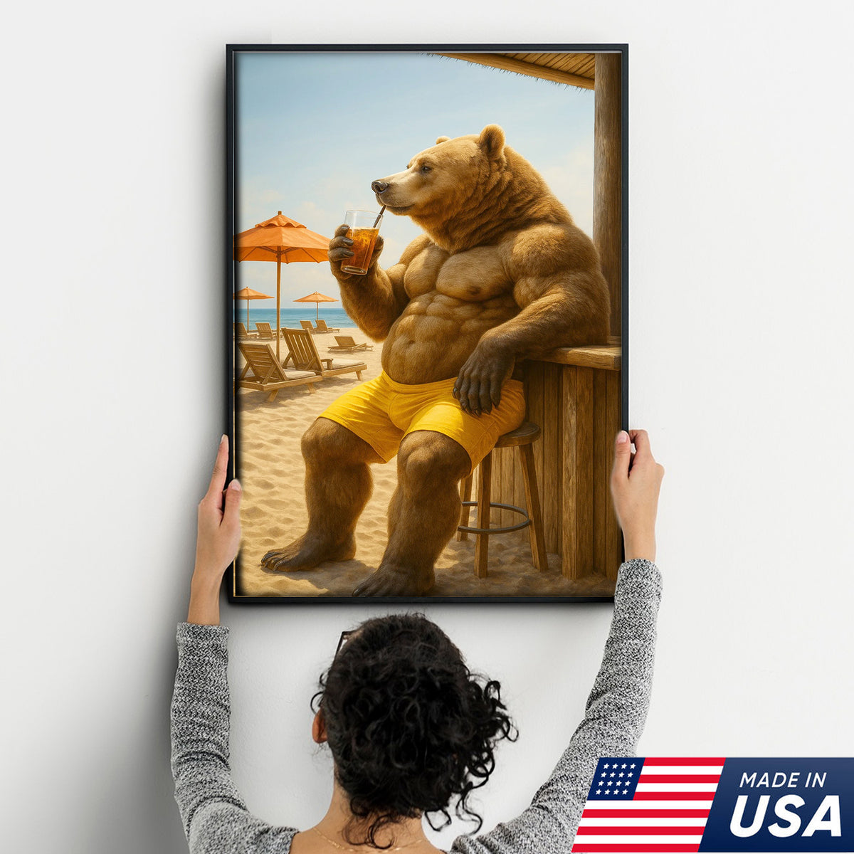 Funny Beach Bear Canvas Wall Art, Summer Vacation Animal Artwork