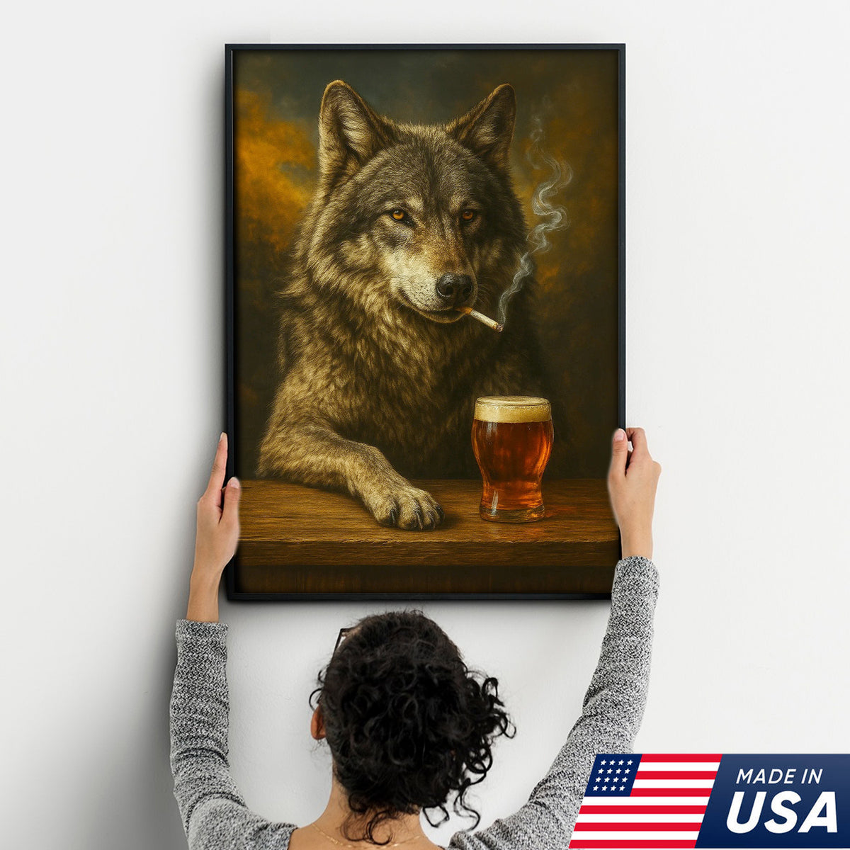 Rustic Gray Wolf Canvas Wall Art – Majestic Wildlife Bar Scene with Beer – Hunting Cabin Decor