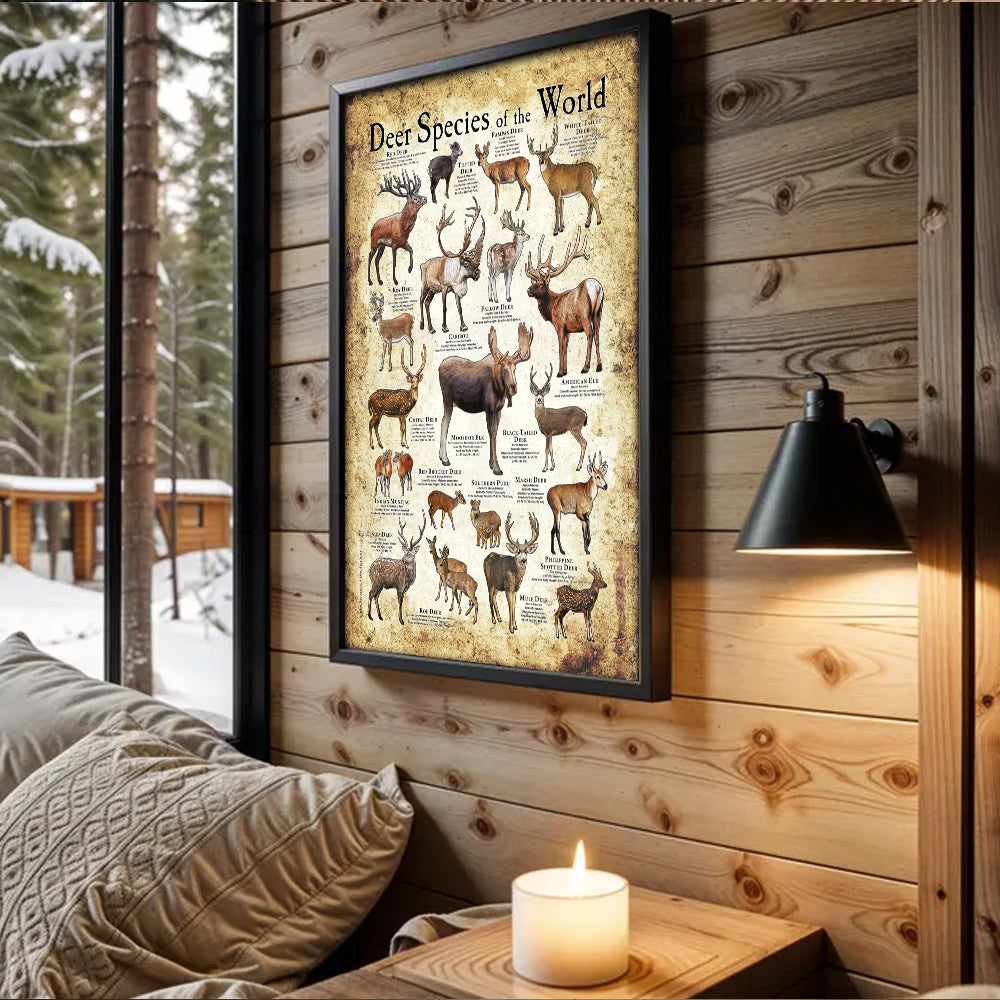 Deer Species of the World Poster Canvas - Guide for Hunting Enthusiasts, Featuring 20+ Deer Species