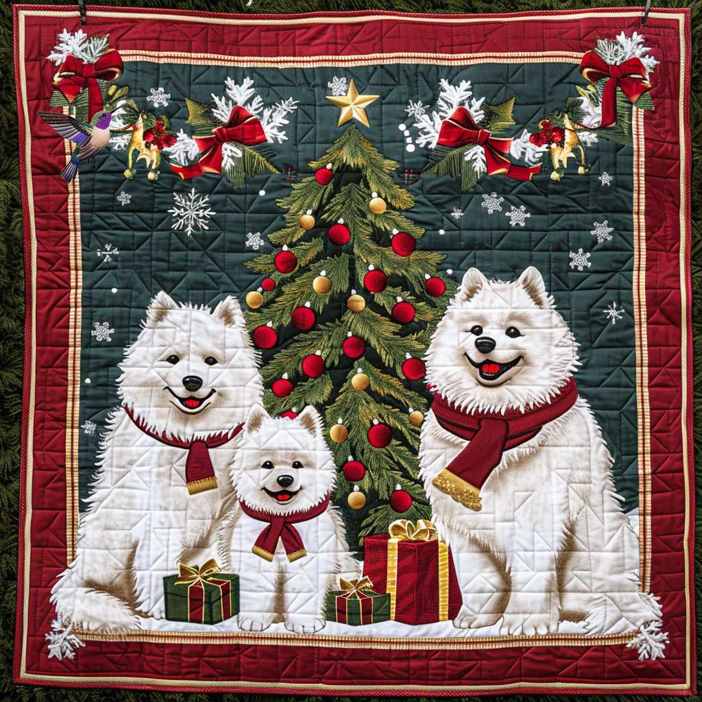 Adorable Samoyed Christmas Gift Quilt Blanket