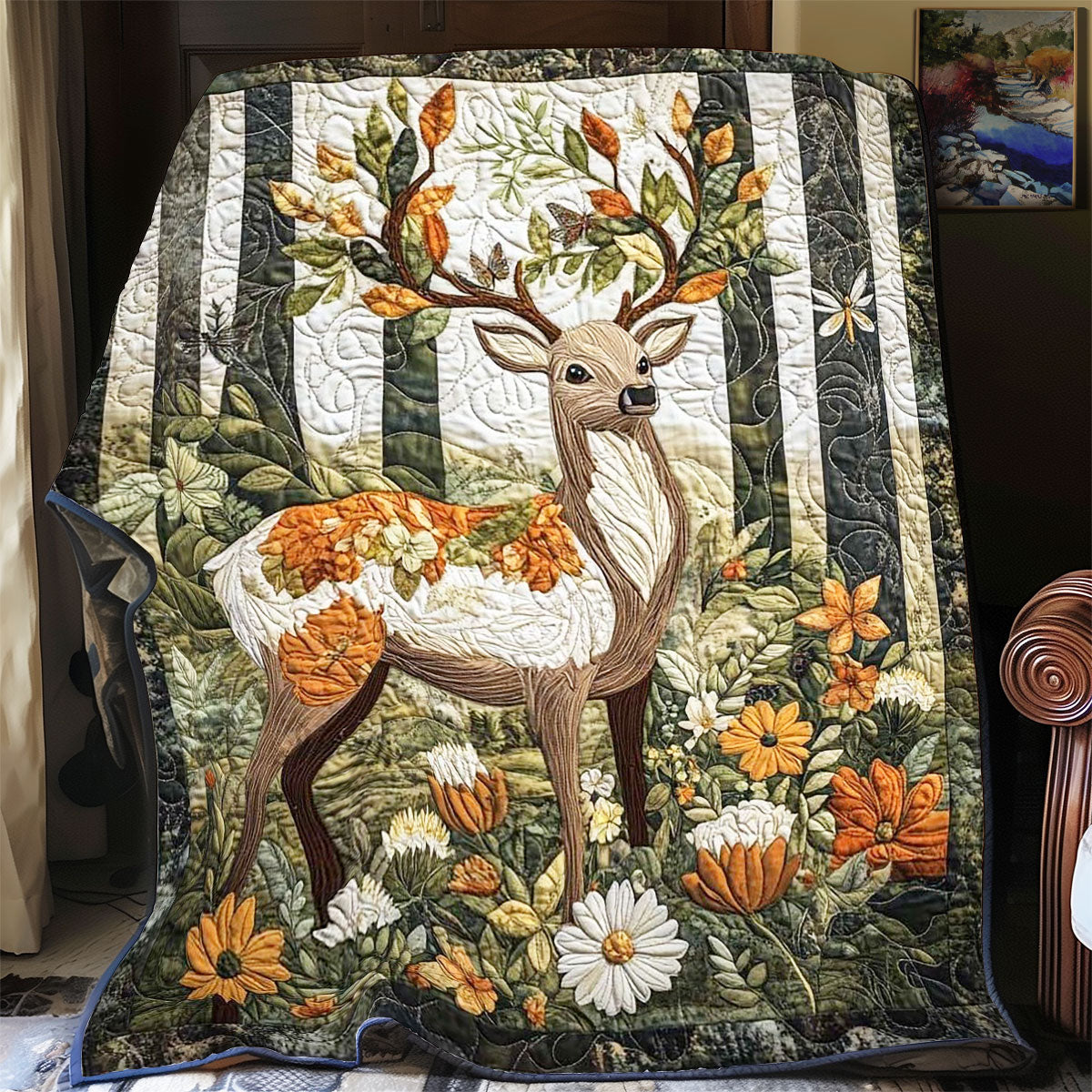 Floral Deer Cozy Haven Quilt Blanket