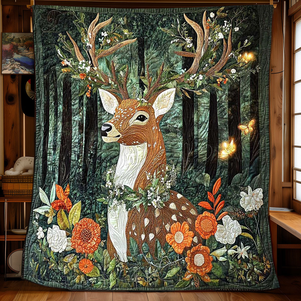 Magical Floral Stag Quilt Blanket