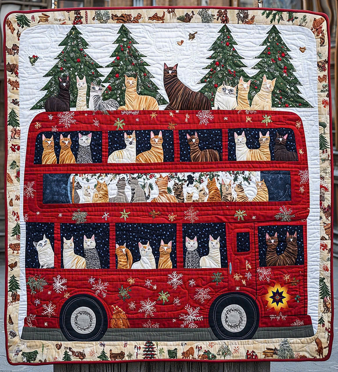 Christmas Bus Cat Quilt Blanket