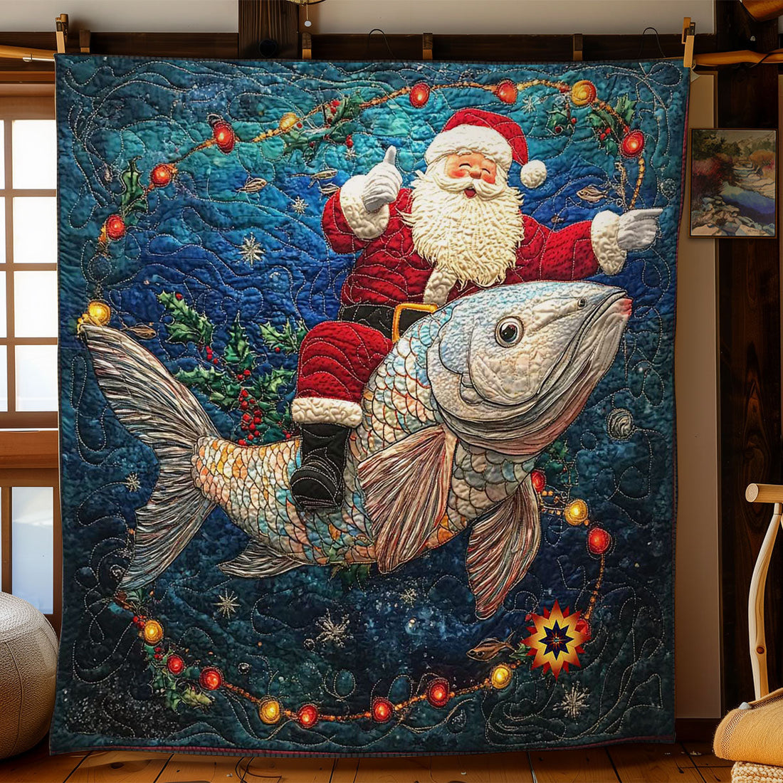 Fish Sleigh Santa Quilt Blanket