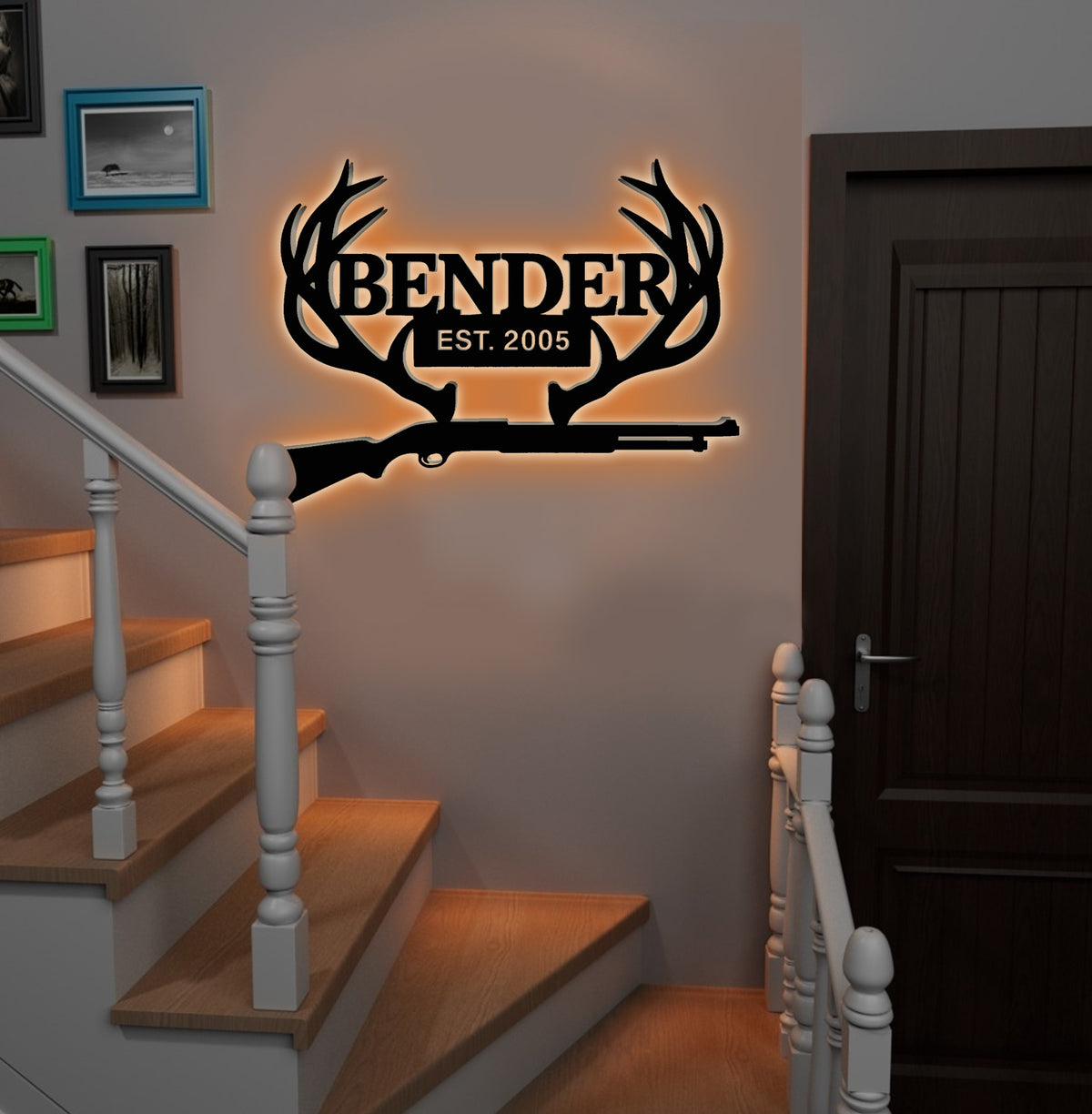 Personalized Metal Sign WITH LED/WITHOUT LED – Deer Antler Hunting Wall Decor with Rifle