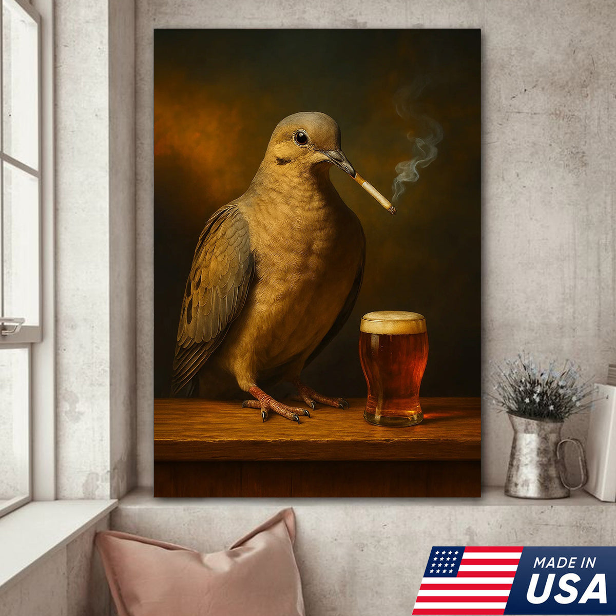 Rustic Mourning Dove Canvas Wall Art – Unique Wildlife Bar Scene with Beer