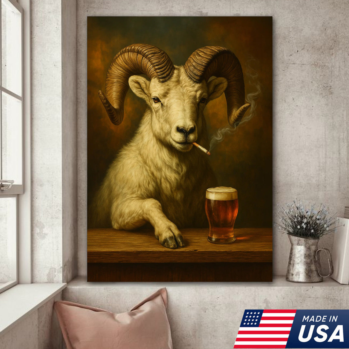 Rustic Dall Sheep Canvas Wall Art – Majestic Mountain Sheep with Beer Glass